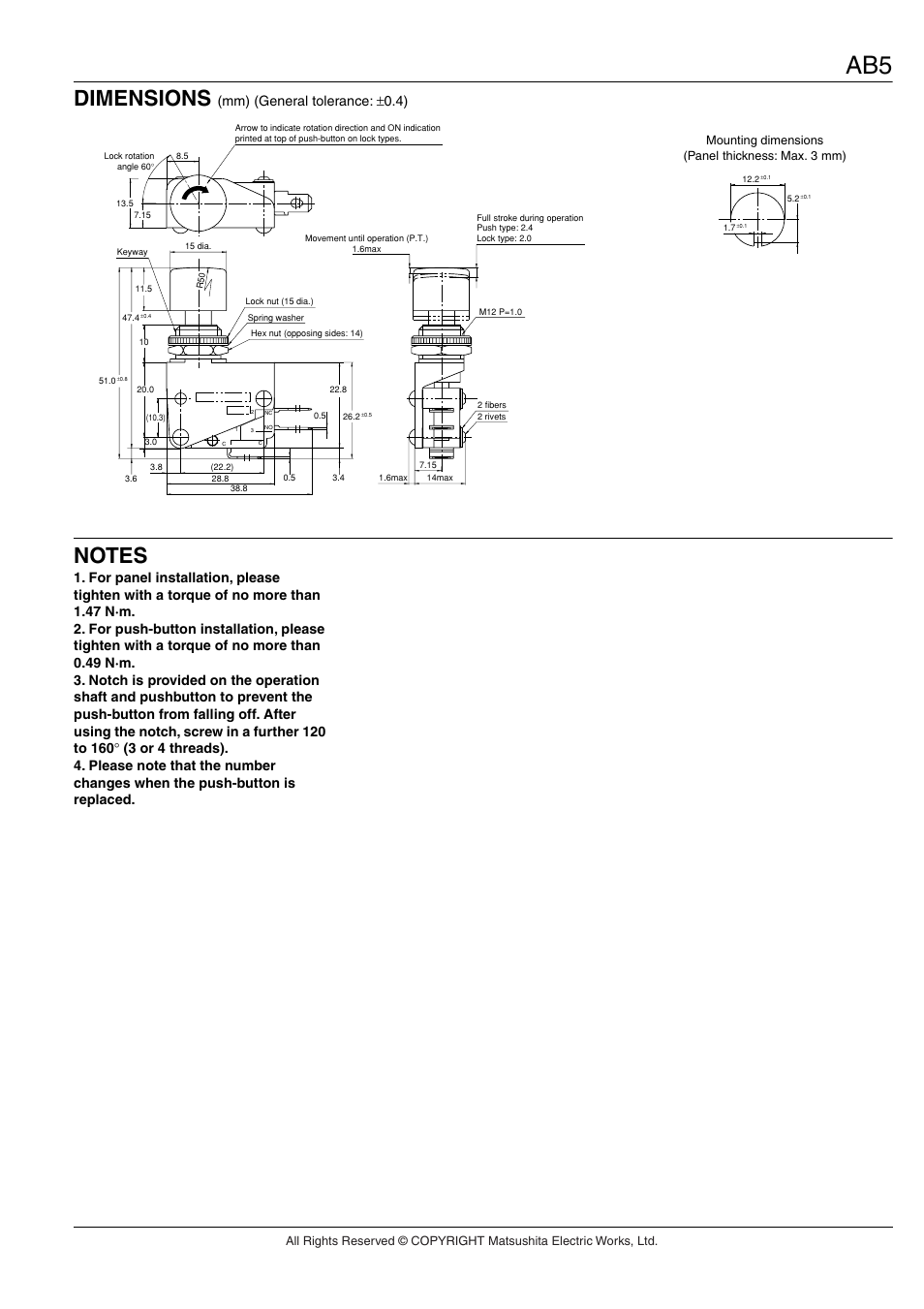 Dimensions, Mm) (general tolerance: ±0.4) | Panasonic ACE AB5 User Manual | Page 2 / 2