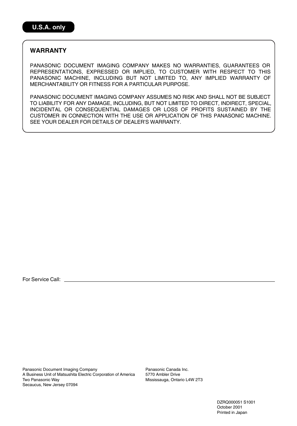 Warranty u.s.a. only | Panasonic DA-MC700 User Manual | Page 65 / 65