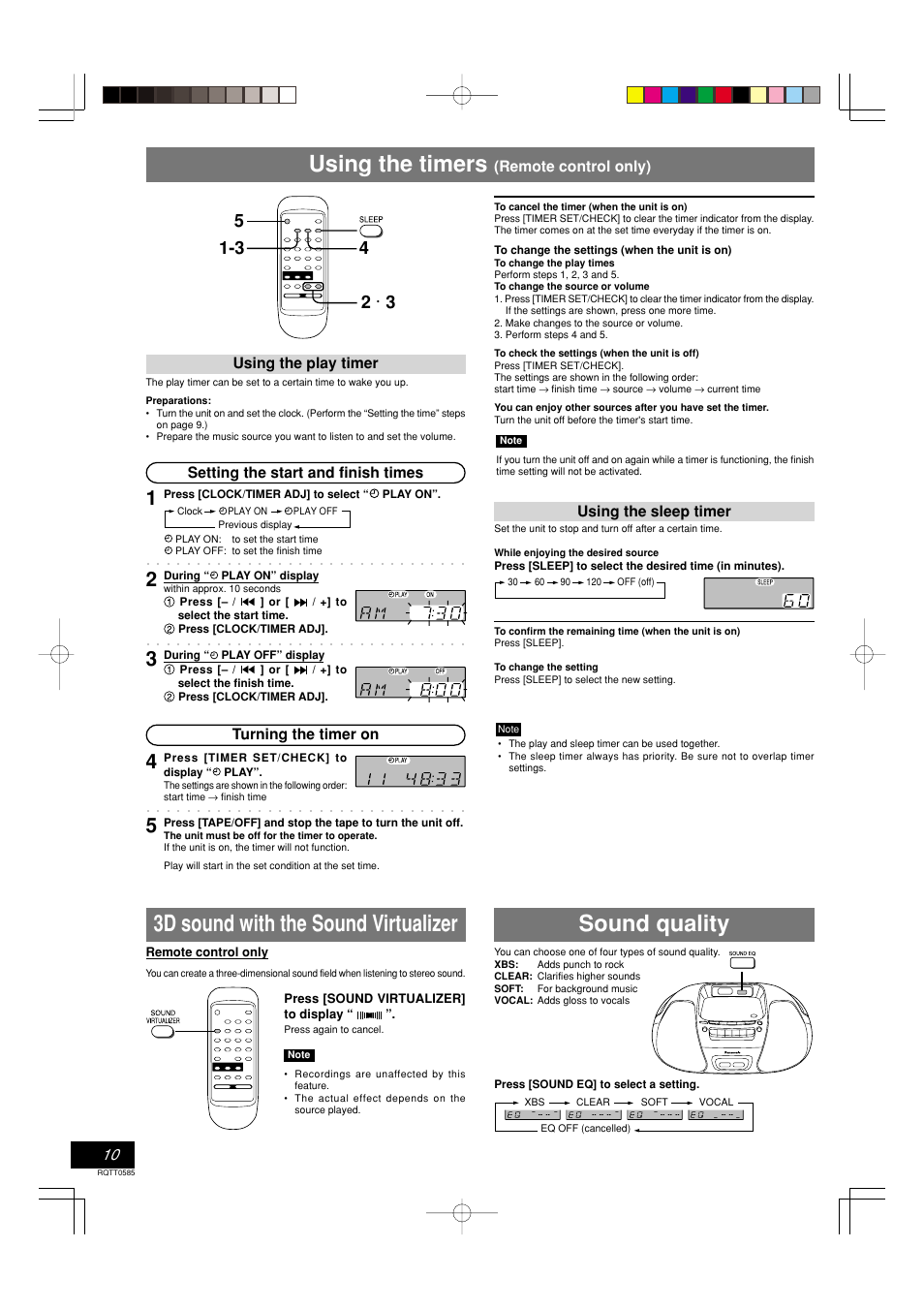 Using the timers, 3d sound with the sound virtualizer, Sound quality | Panasonic RX-D29 User Manual | Page 10 / 12