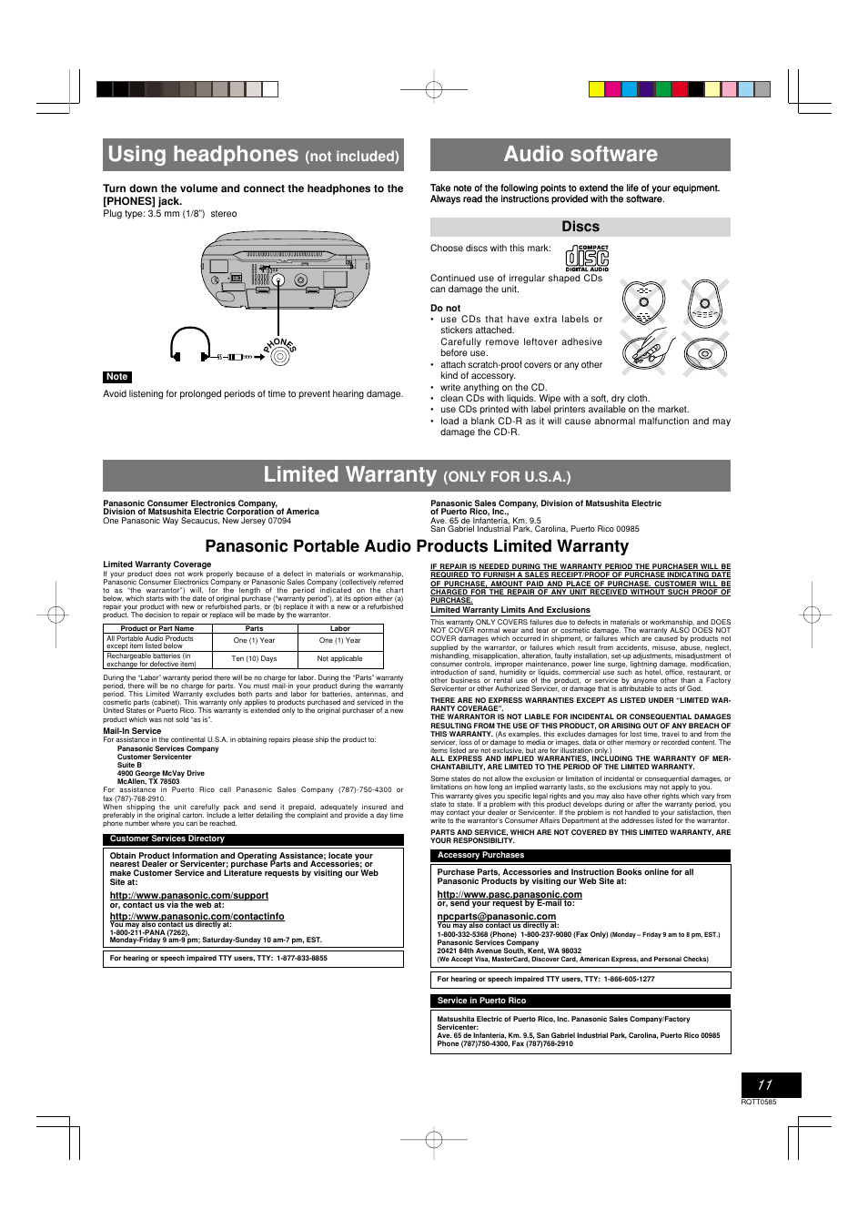 Using headphones, Audio software, Limited warranty (only for u.s.a.) | Limited warranty, Panasonic portable audio products limited warranty, Not included), Discs, Only for u.s.a.) | Panasonic RX-D29 User Manual | Page 11 / 12