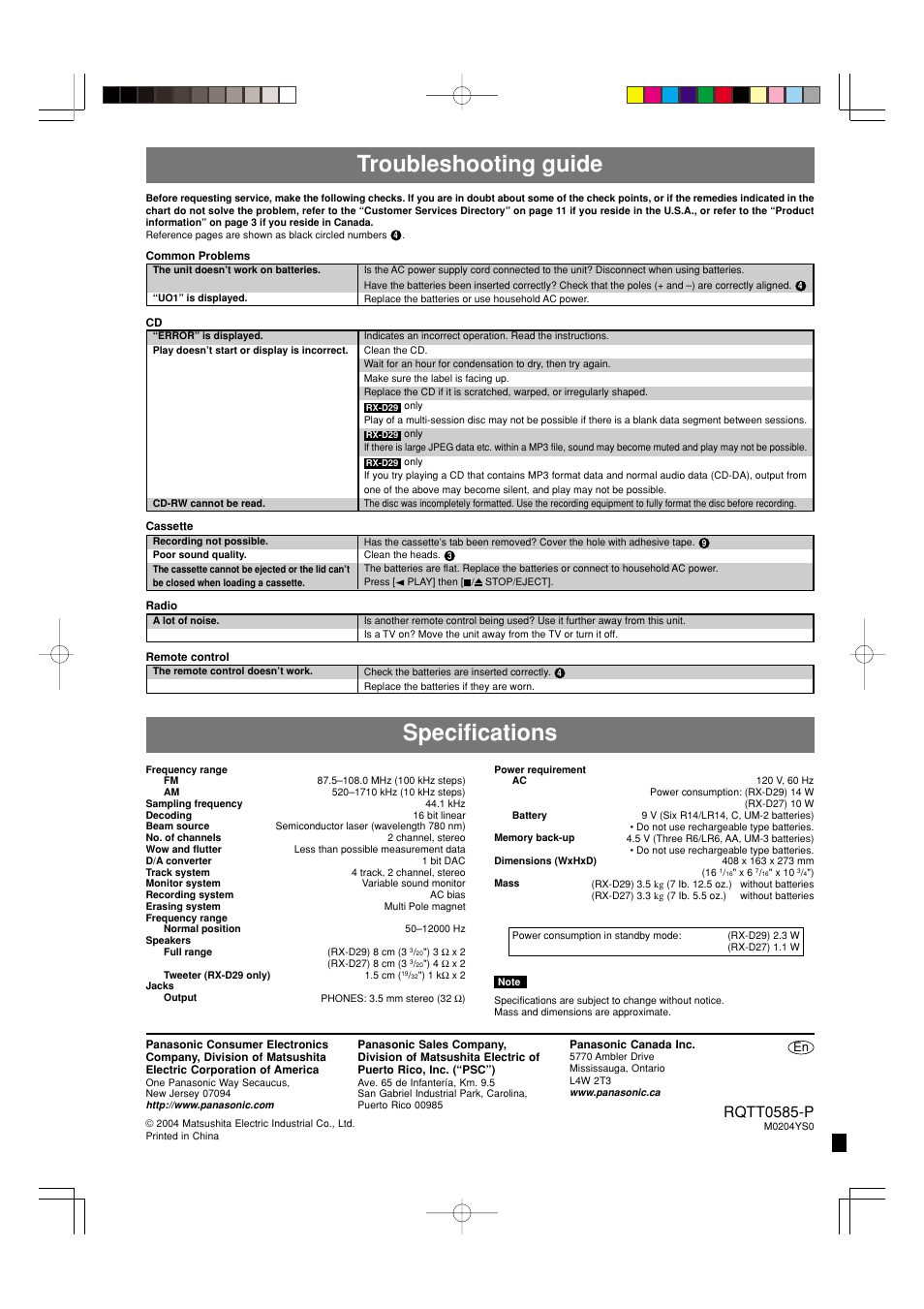 Troubleshooting guide, Specifications, Rqtt0585-p | Panasonic RX-D29 User Manual | Page 12 / 12