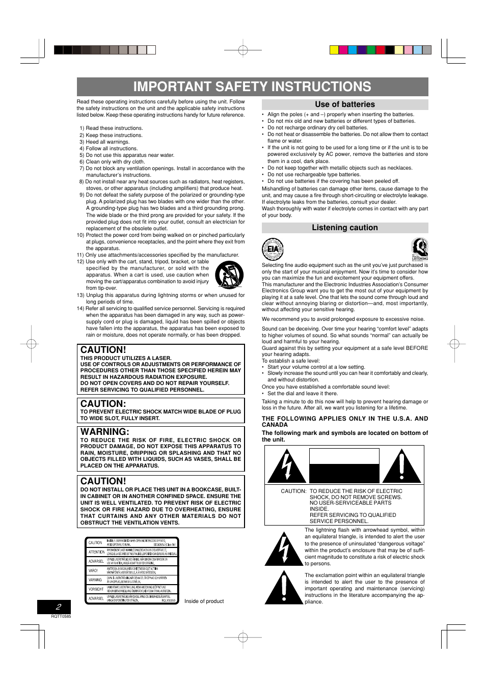 Important safety instructions, Caution, Warning | Panasonic RX-D29 User Manual | Page 2 / 12