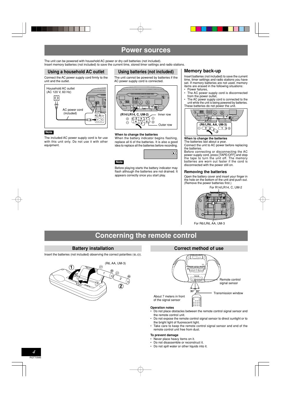Power sources, Concerning the remote control, Using a household ac outlet | Using batteries (not included), Battery installation, Correct method of use | Panasonic RX-D29 User Manual | Page 4 / 12