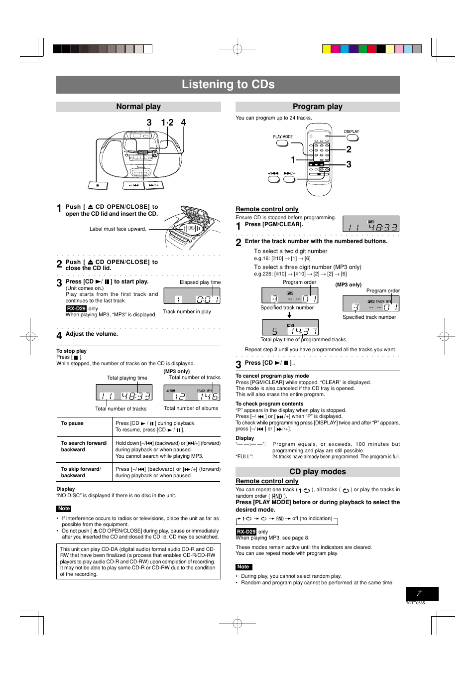 Listening to cds | Panasonic RX-D29 User Manual | Page 7 / 12