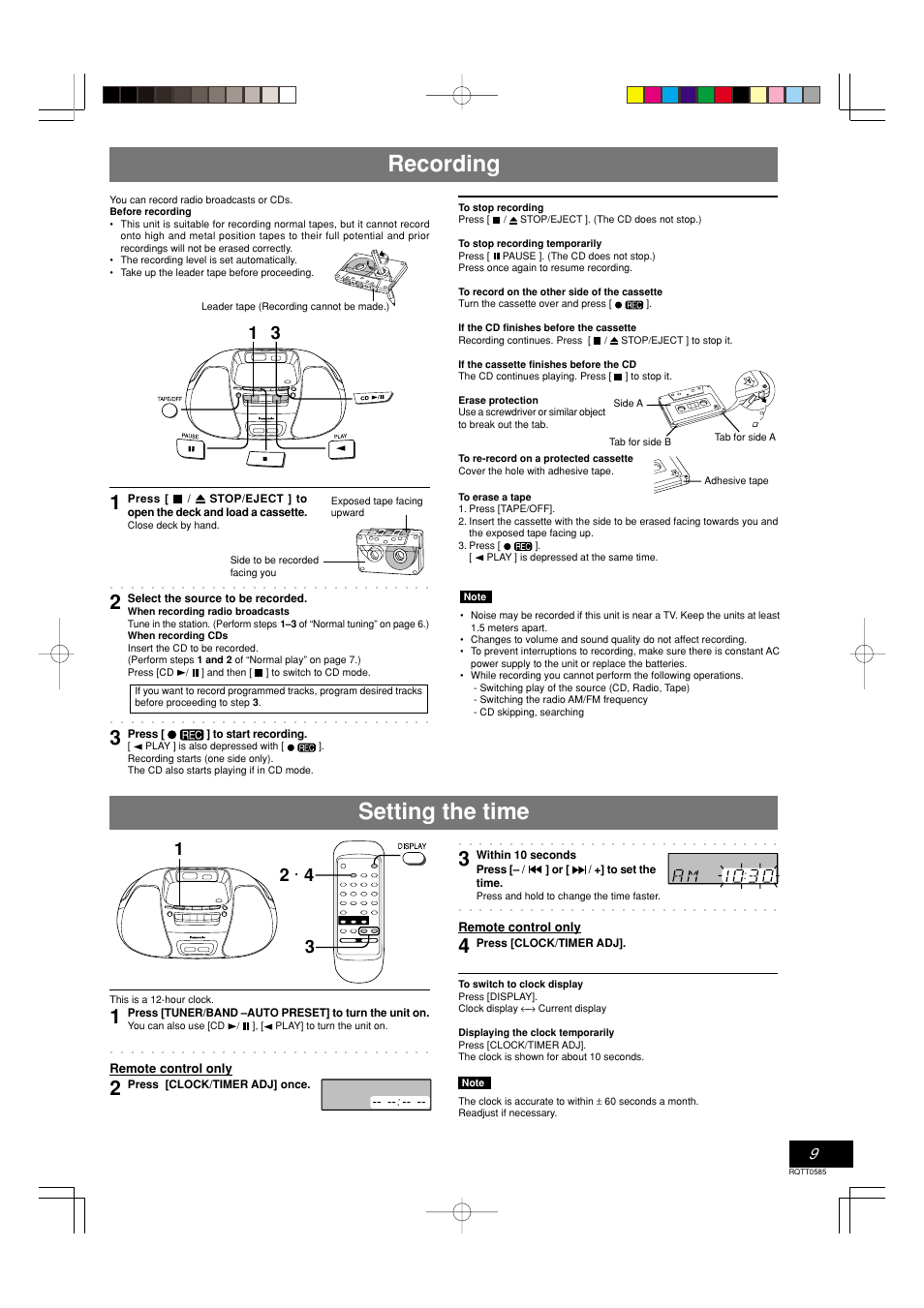 Recording, Setting the time | Panasonic RX-D29 User Manual | Page 9 / 12