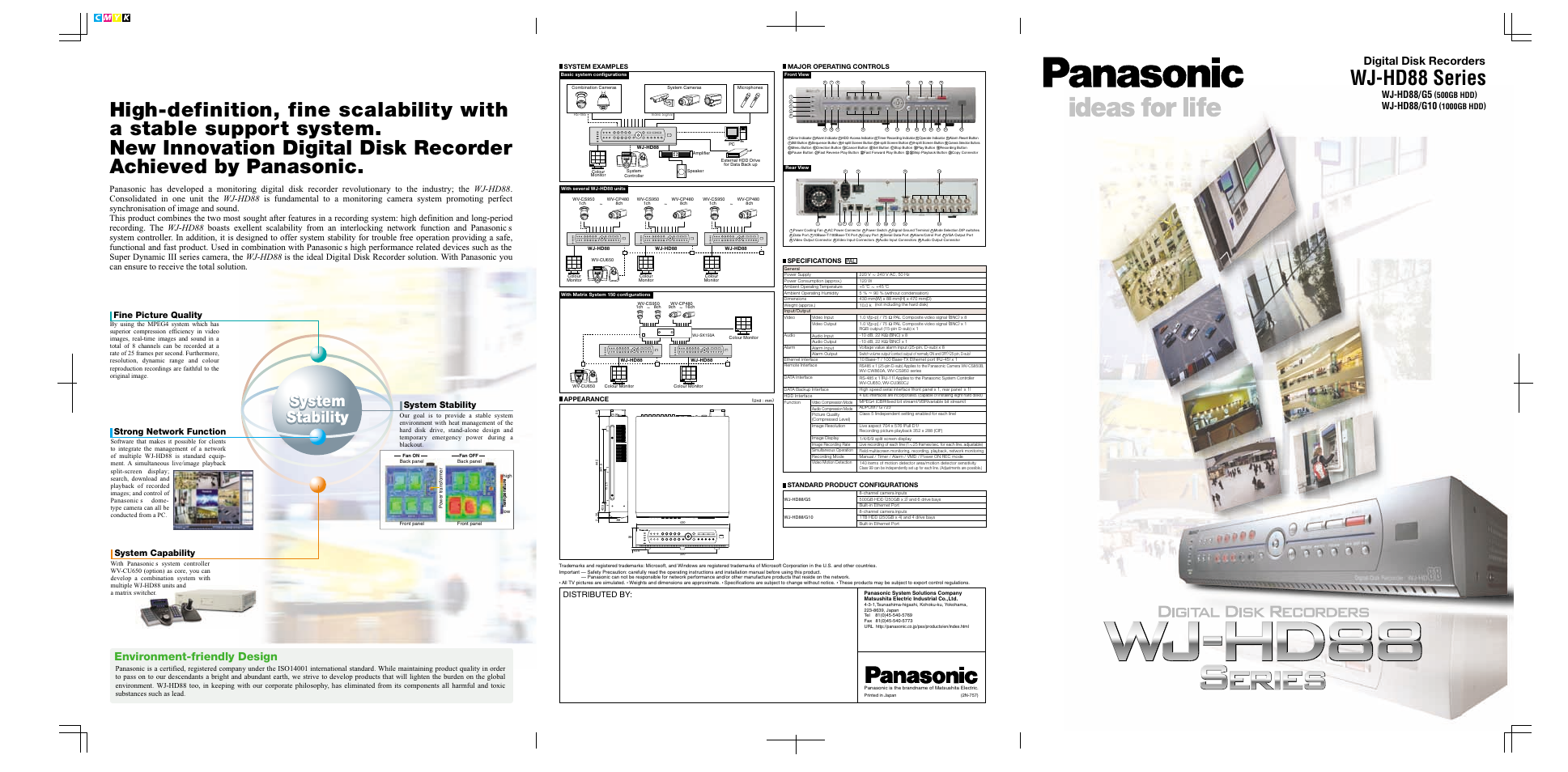 Wj-hd88 series, System stability system stability, Environment-friendly design | Digital disk recorders, Wj-hd88/g5, Wj-hd88/g10, Distributed by, 500gb hdd), 1000gb hdd), Appearance system examples | Panasonic WJ-HD88 Series User Manual | Page 2 / 4