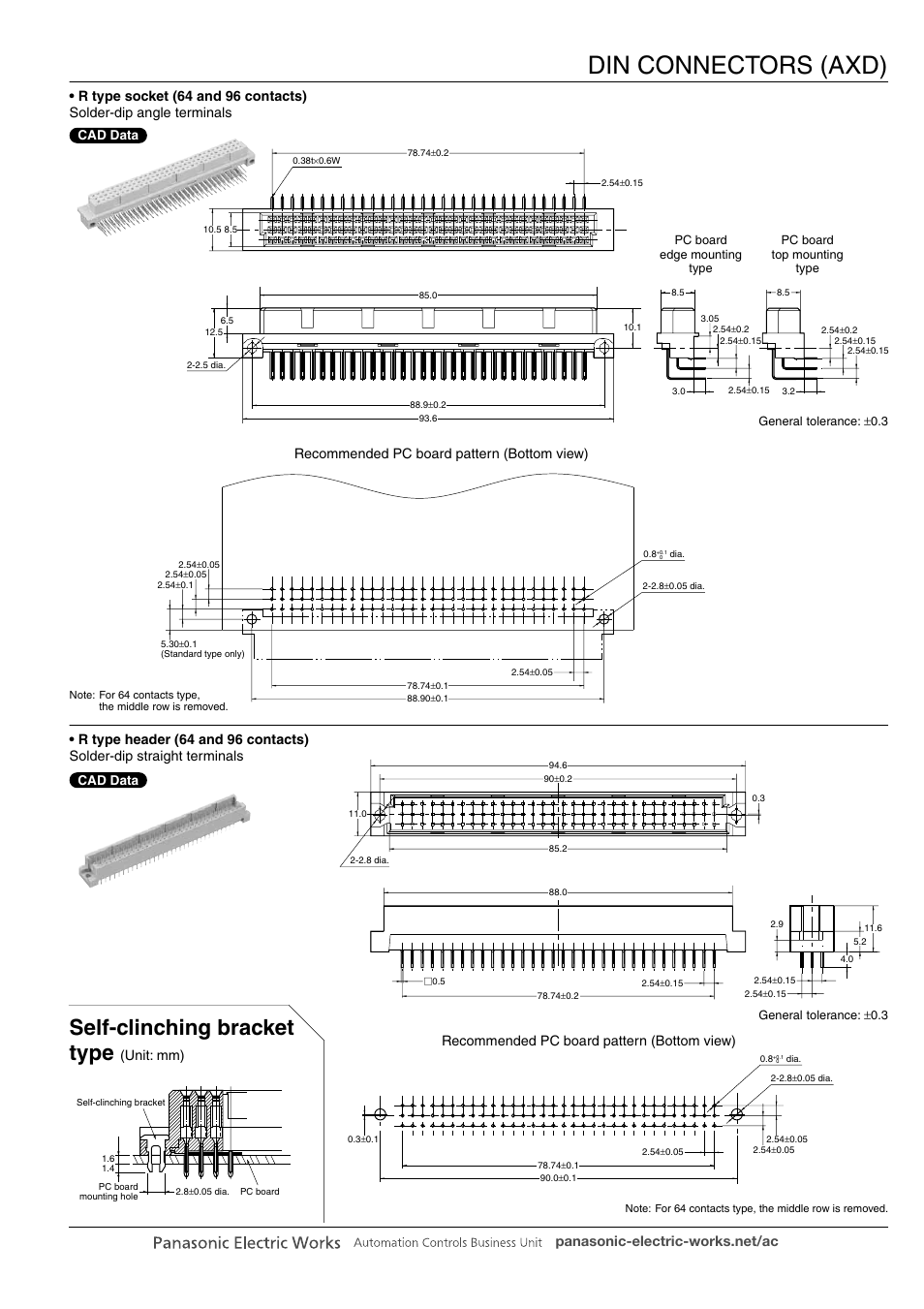 Din connectors (axd), Self-clinching bracket type, Recommended pc board pattern (bottom view) | Unit: mm) | Panasonic DIN Connectors User Manual | Page 10 / 12