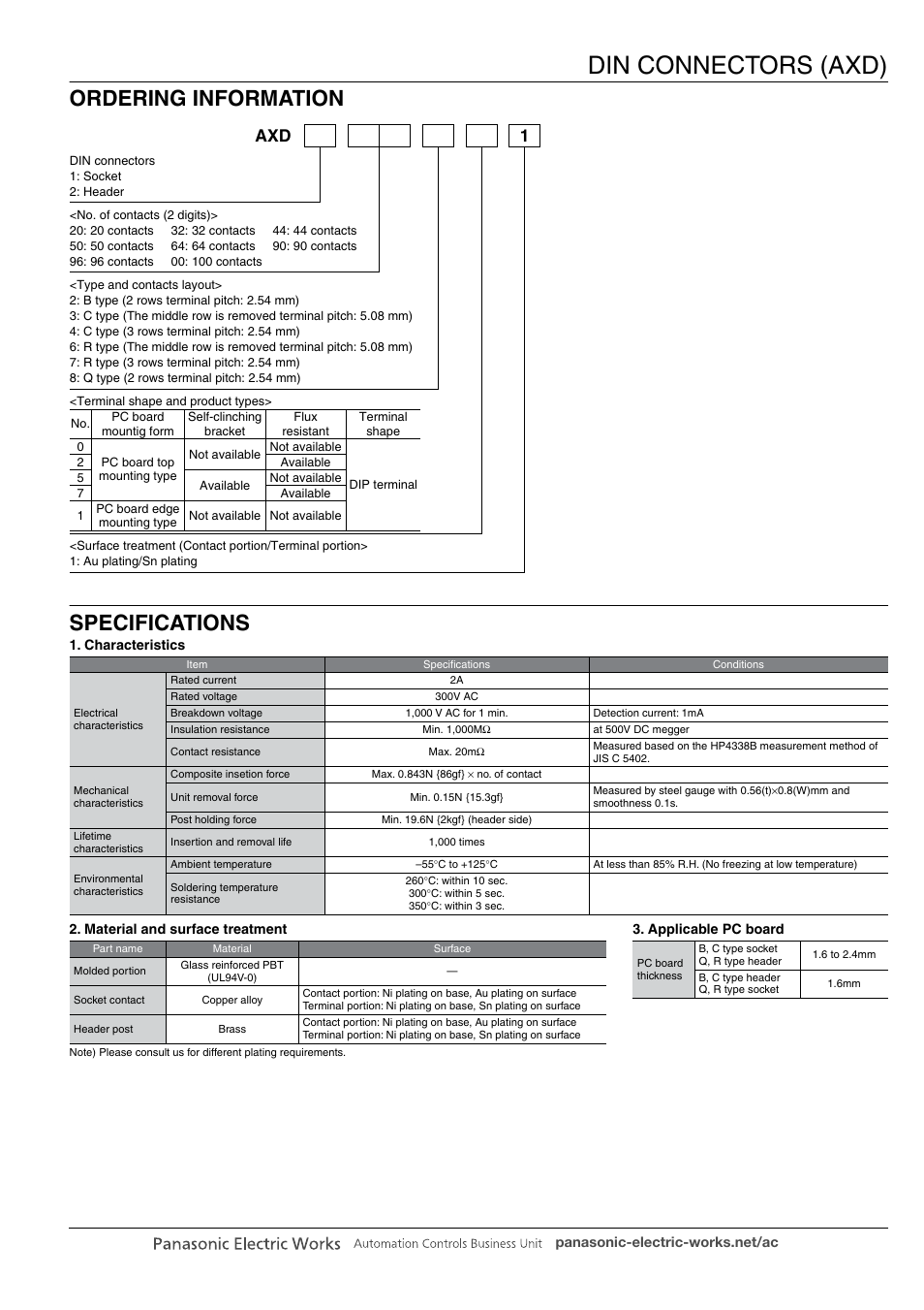 Din connectors (axd), Ordering information specifications, Axd 1 | Panasonic DIN Connectors User Manual | Page 2 / 12