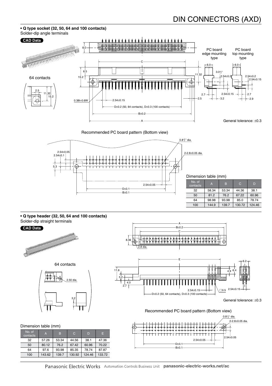 Din connectors (axd), Recommended pc board pattern (bottom view), Dimension table (mm) | Panasonic DIN Connectors User Manual | Page 8 / 12