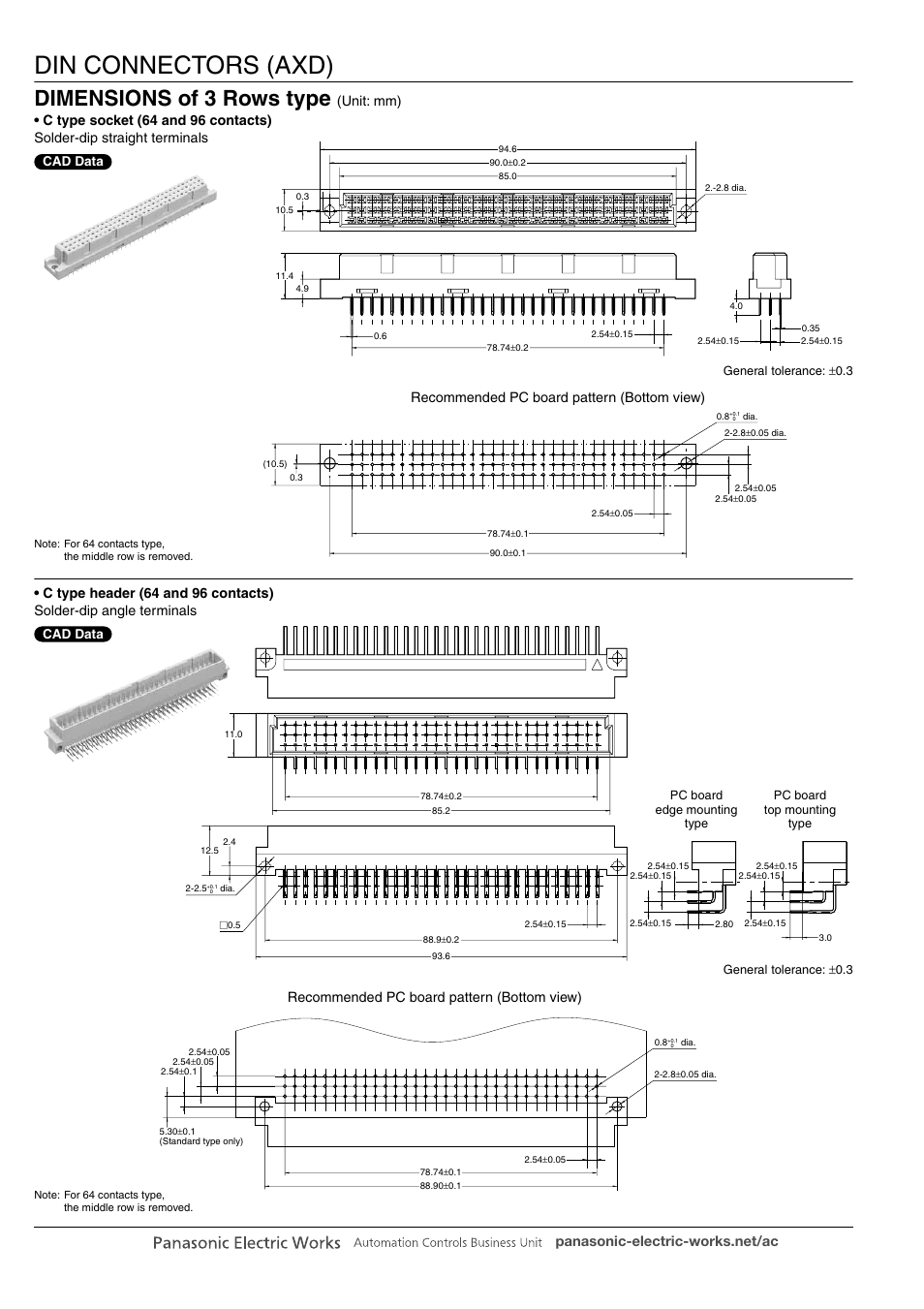 Din connectors (axd), Dimensions of 3 rows type, Recommended pc board pattern (bottom view) | Panasonic DIN Connectors User Manual | Page 9 / 12