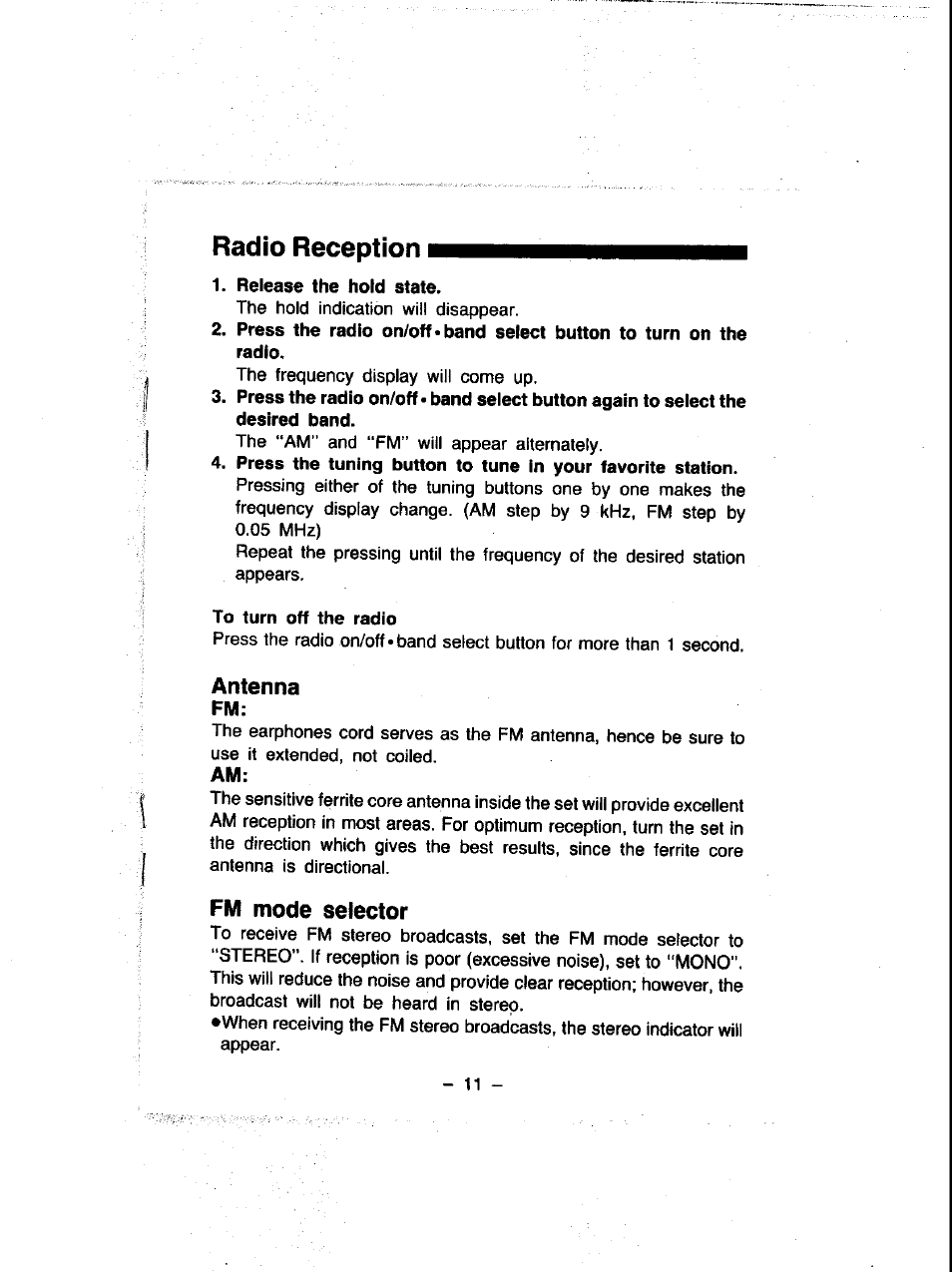 Release the hold state, To turn off the radio, Radio reception | Panasonic RQ-V460 User Manual | Page 11 / 20