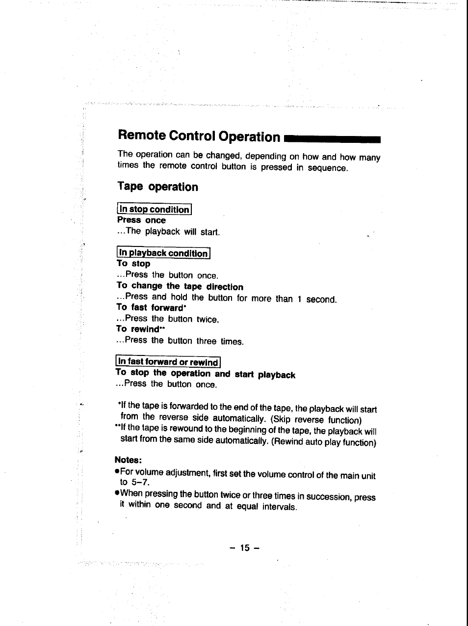 In stop condition i, Remote control operation | Panasonic RQ-V460 User Manual | Page 15 / 20