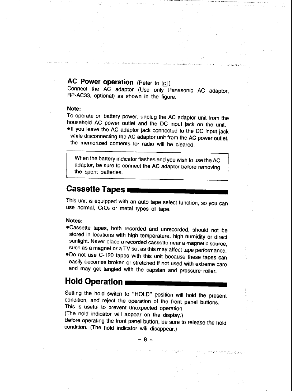 Cassette tapes, Hold operation | Panasonic RQ-V460 User Manual | Page 8 / 20