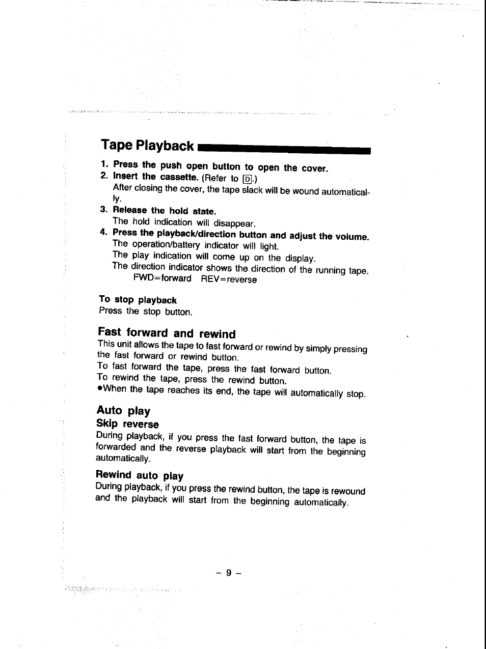 Press the push open button to open the cover, Release the hold state, To stop playback | Tape playback | Panasonic RQ-V460 User Manual | Page 9 / 20
