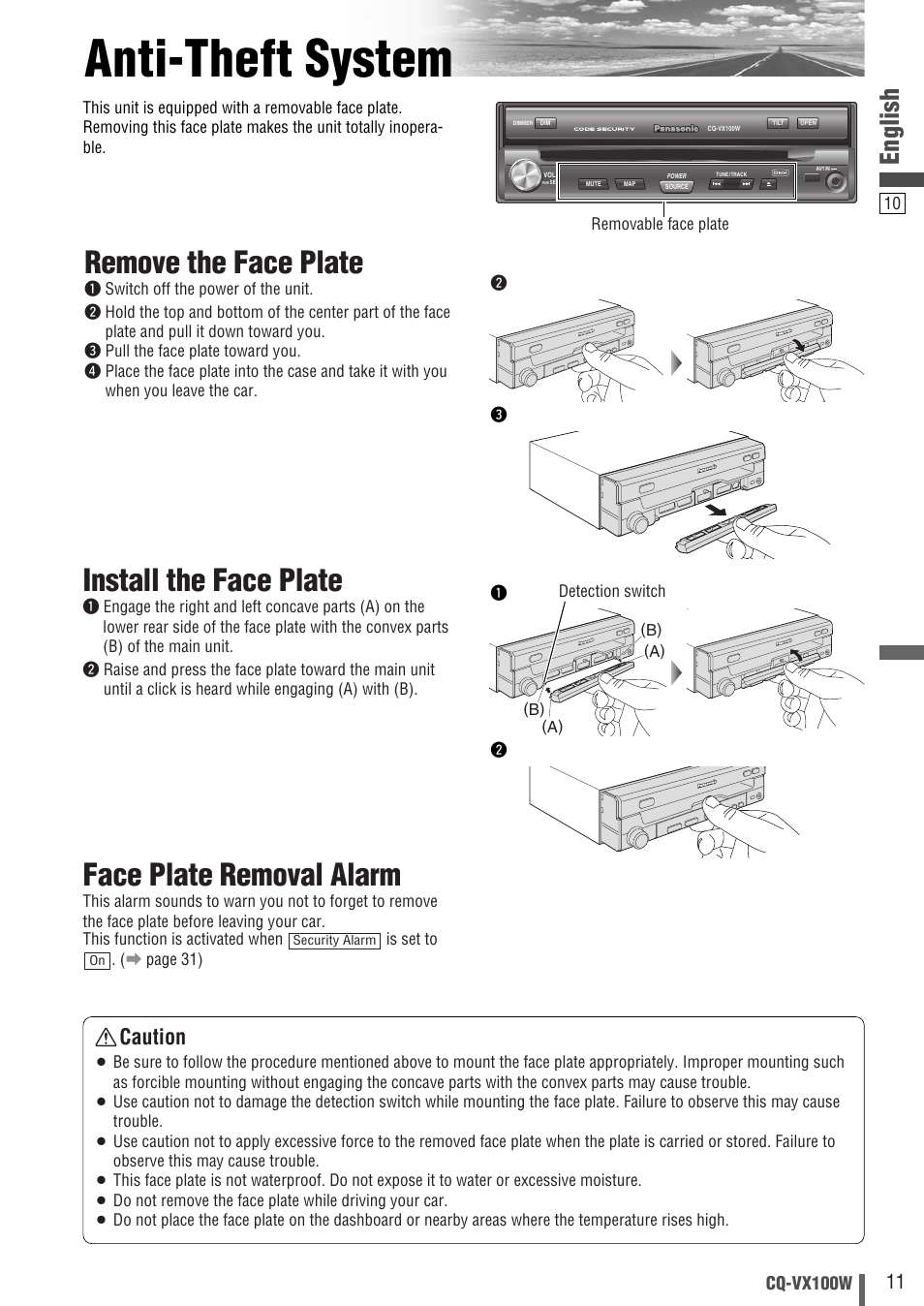 Anti-theft system, Face plate removal alarm, Install the face plate | Remove the face plate, English, Caution | Panasonic CQ-VX100W User Manual | Page 11 / 46