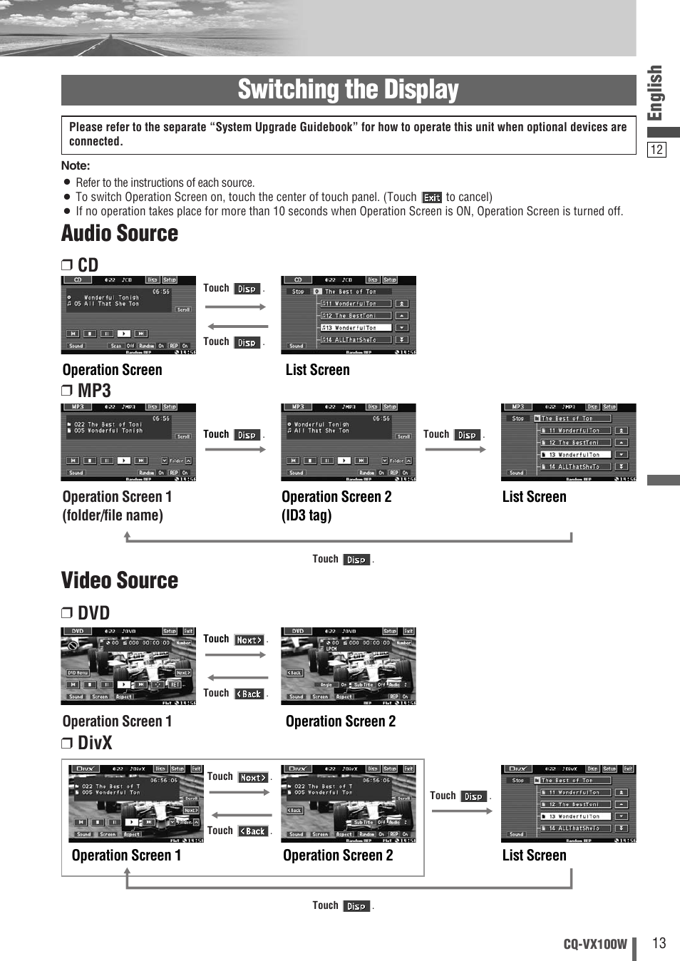 Switching the display, Audio source, Video source | English, Divx | Panasonic CQ-VX100W User Manual | Page 13 / 46
