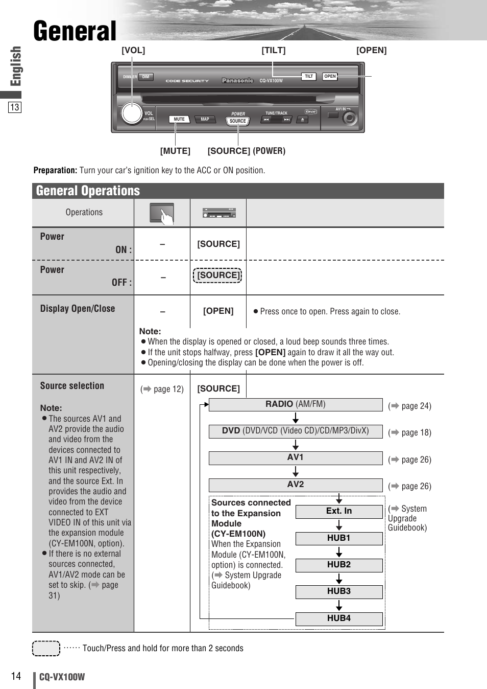 General, English, General operations | Panasonic CQ-VX100W User Manual | Page 14 / 46