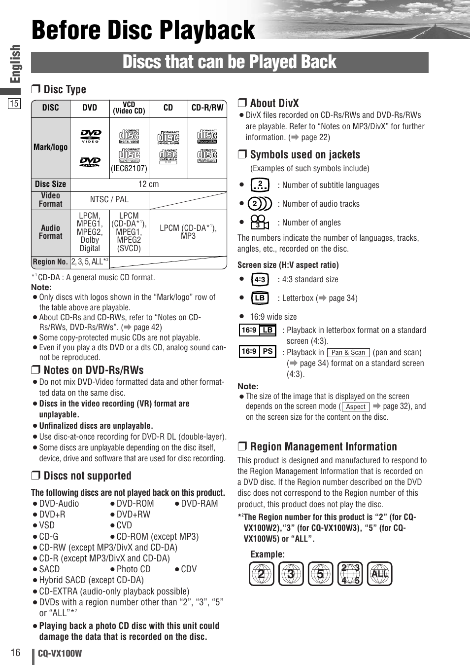 Before disc playback, Discs that can be played back, English | About divx, Symbols used on jackets, Region management information, Discs not supported, Disc type | Panasonic CQ-VX100W User Manual | Page 16 / 46