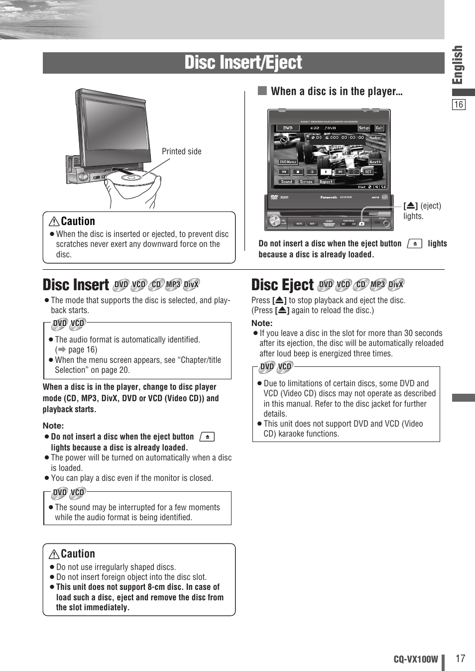 Disc insert/eject, Disc insert, Disc eject | English, When a disc is in the player, Caution, Cq-vx100w | Panasonic CQ-VX100W User Manual | Page 17 / 46