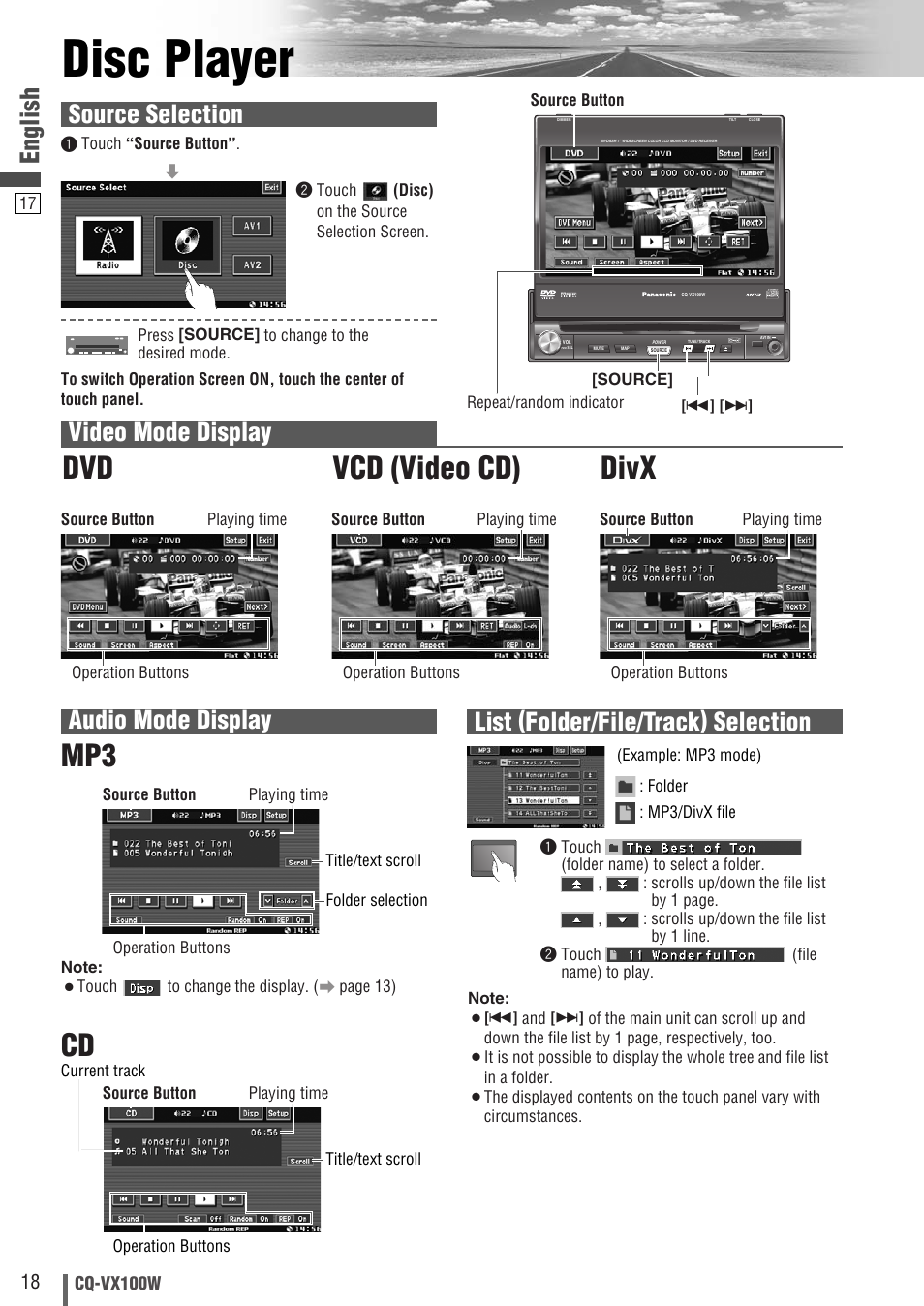 Disc player, Cd mp3, Vcd (video cd) | Divx, English, Video mode display, Source selection | Panasonic CQ-VX100W User Manual | Page 18 / 46