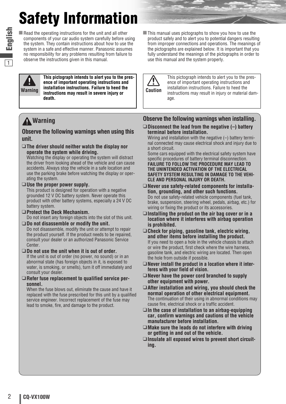 Safety information, English, Warning | Panasonic CQ-VX100W User Manual | Page 2 / 46