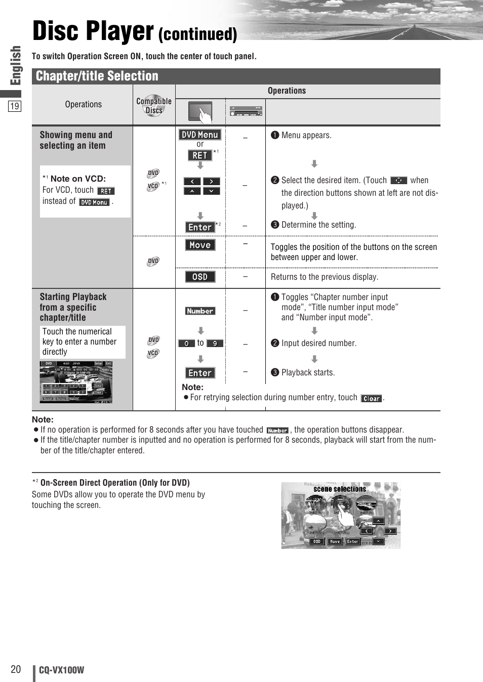 Disc player, Continued), English | Chapter/title selection | Panasonic CQ-VX100W User Manual | Page 20 / 46