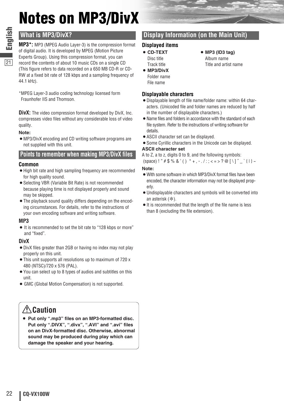 English, Caution, What is mp3/divx | Points to remember when making mp3/divx files, Display information (on the main unit) | Panasonic CQ-VX100W User Manual | Page 22 / 46