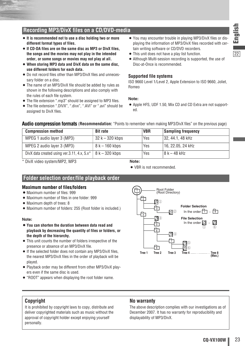 English, Recording mp3/divx files on a cd/dvd-media, Copyright | No warranty, Audio compression formats | Panasonic CQ-VX100W User Manual | Page 23 / 46