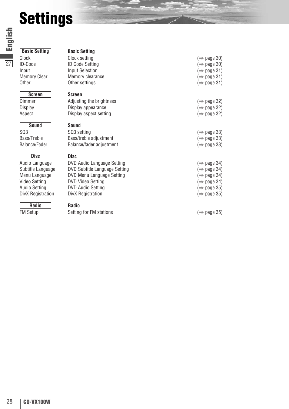 Settings, English | Panasonic CQ-VX100W User Manual | Page 28 / 46