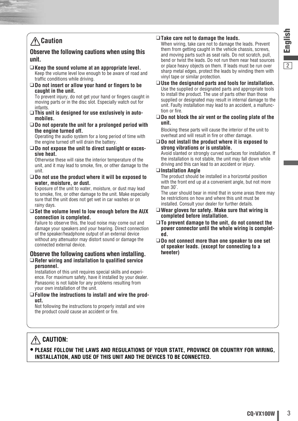 English, Caution | Panasonic CQ-VX100W User Manual | Page 3 / 46