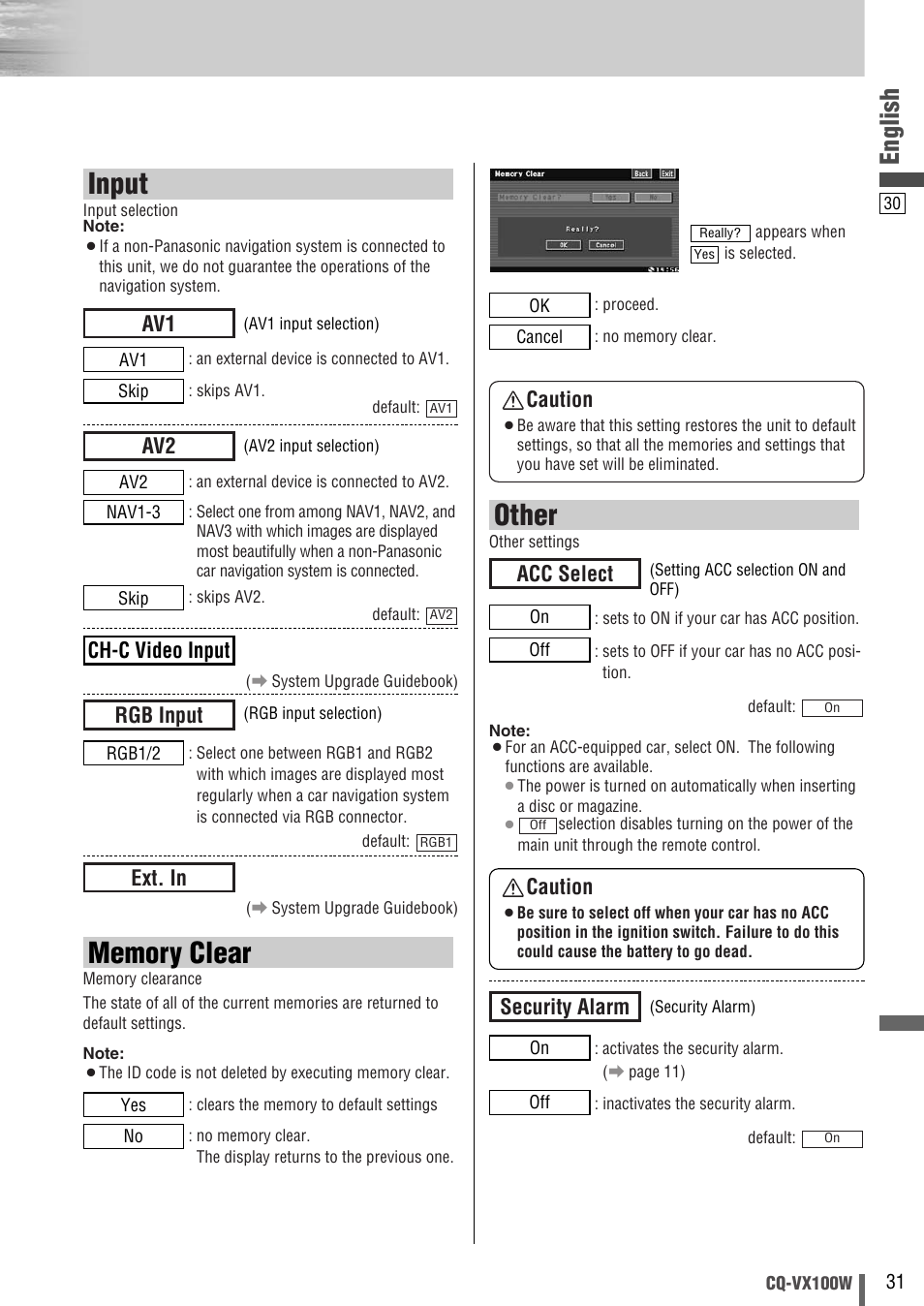 Input, Other, English | Ext. in, Rgb input ch-c video input, Security alarm, Acc select caution, Caution | Panasonic CQ-VX100W User Manual | Page 31 / 46