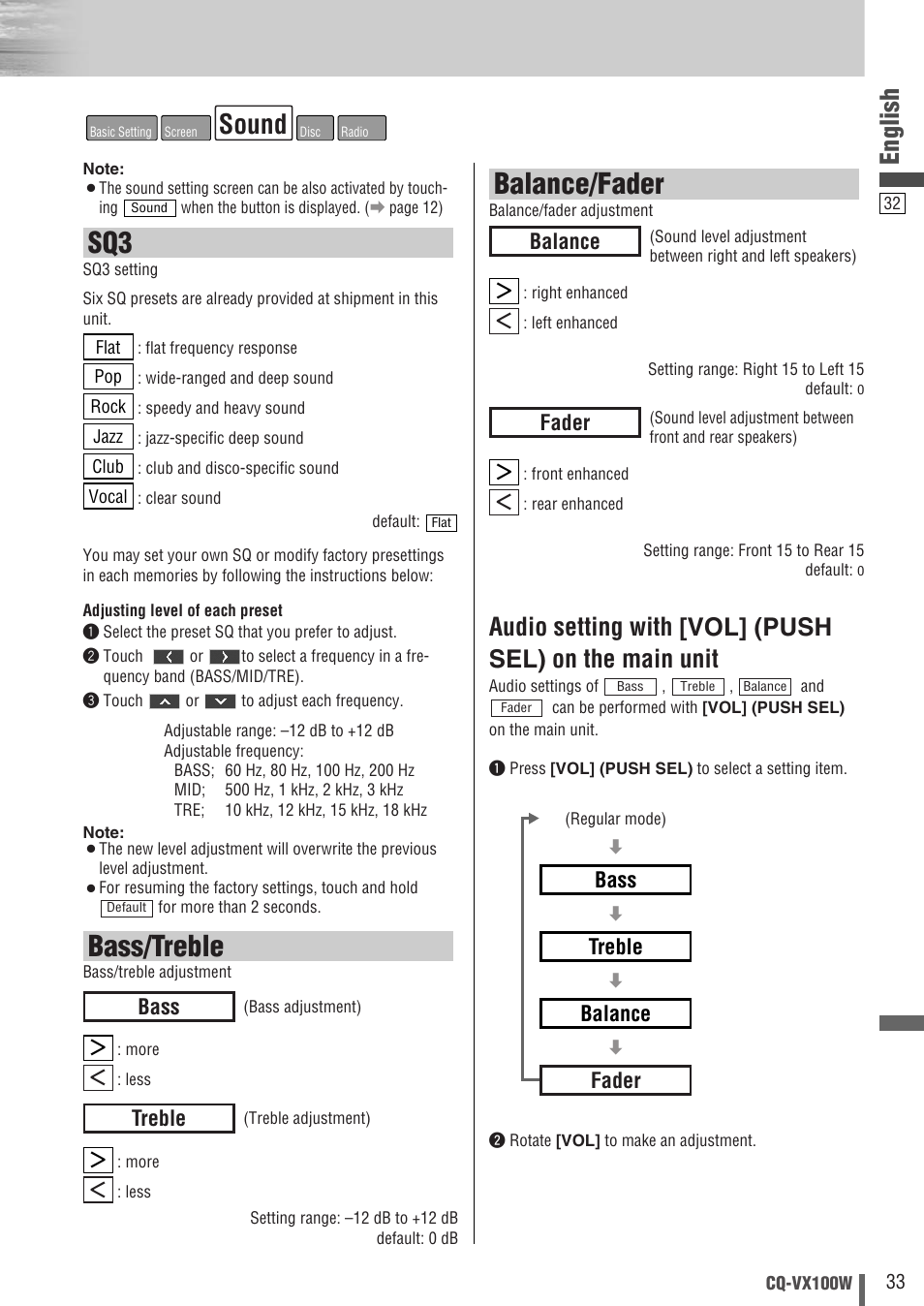 Bass/treble, Balance/fader, Sound | English, Treble, Bass, Fader balance treble bass, Fader, Balance | Panasonic CQ-VX100W User Manual | Page 33 / 46