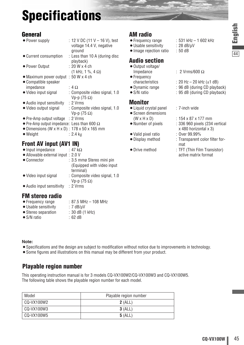 Specifications, English, General | Front av input (av1 in), Fm stereo radio, Am radio, Monitor, Playable region number | Panasonic CQ-VX100W User Manual | Page 45 / 46