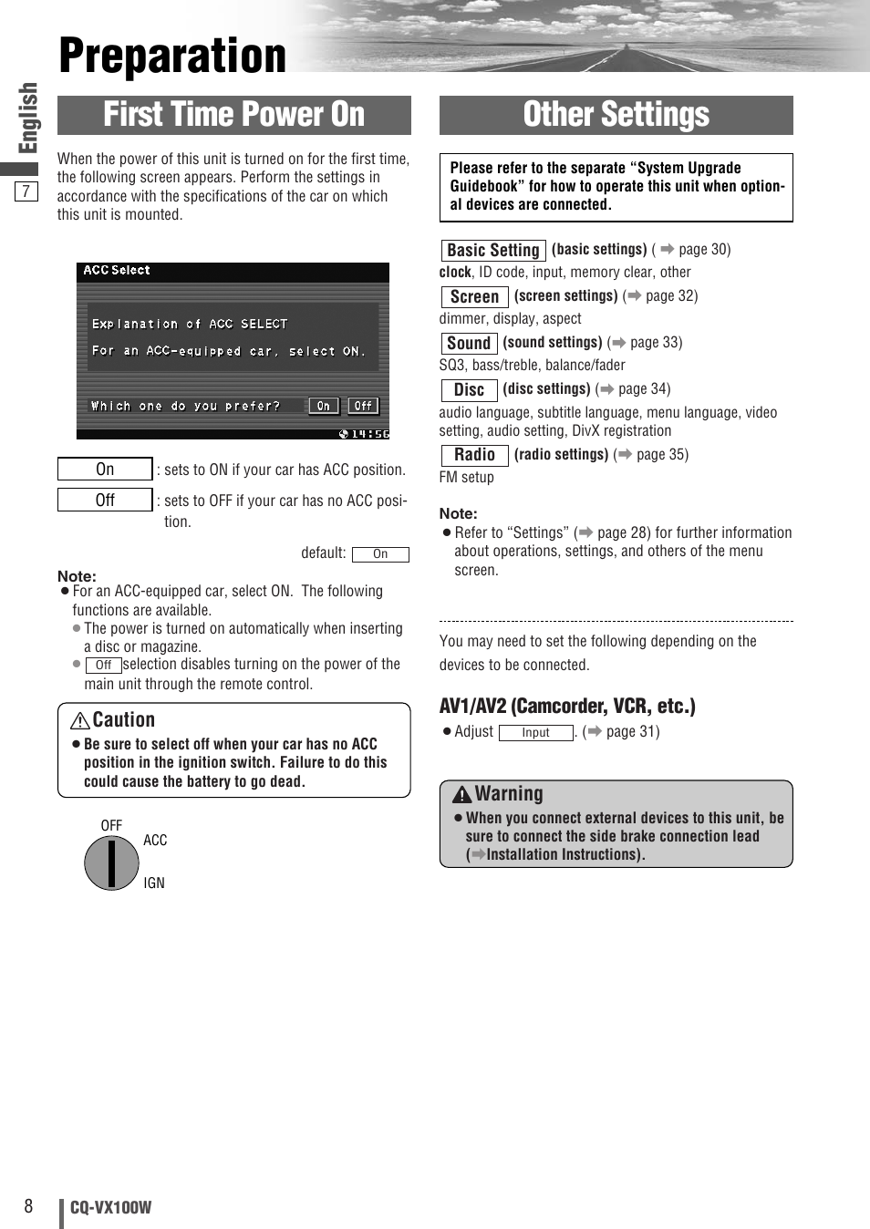 Preparation, Other settings, First time power on | English, Av1/av2 (camcorder, vcr, etc.), Warning, Caution | Panasonic CQ-VX100W User Manual | Page 8 / 46