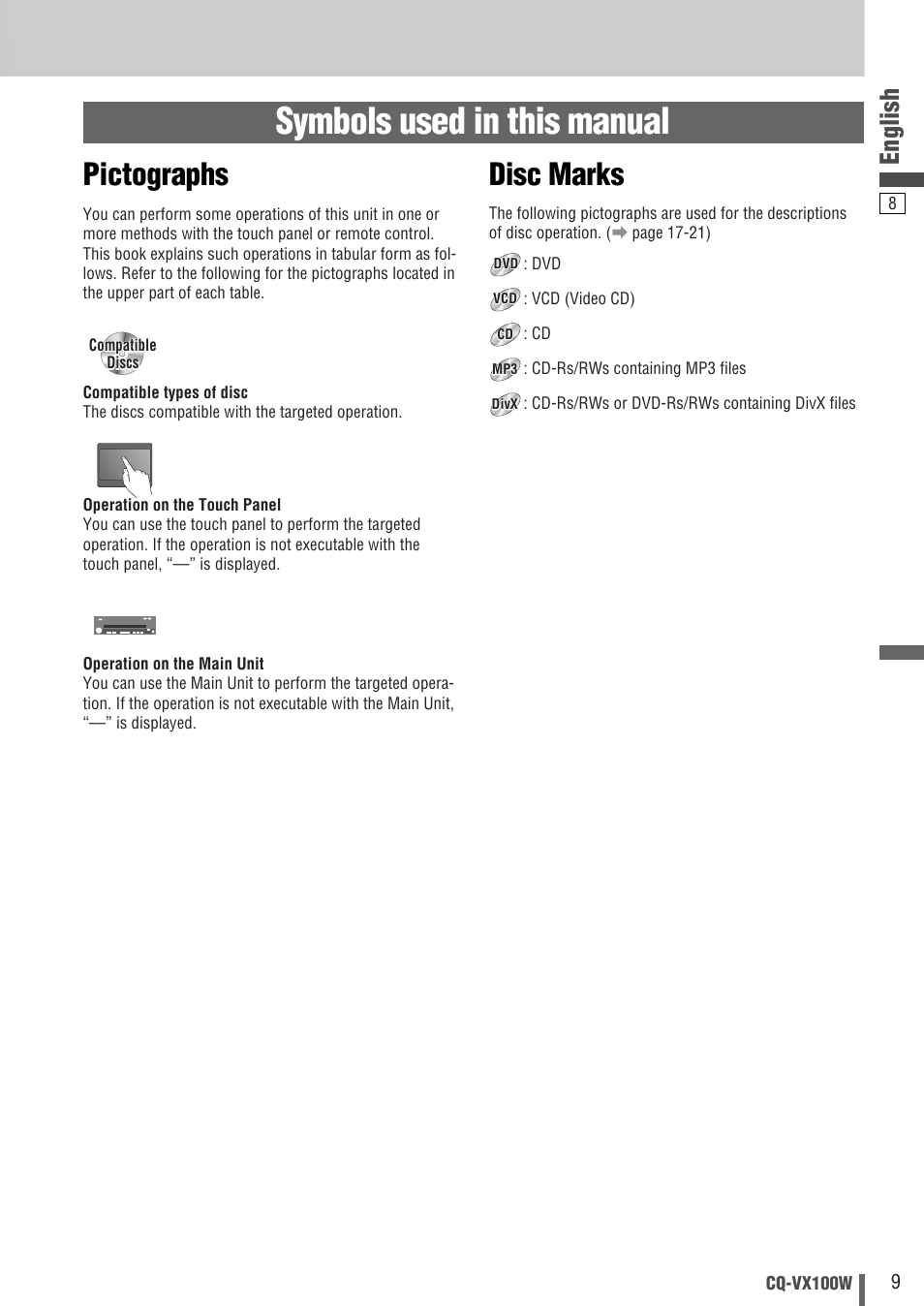 Symbols used in this manual, Pictographs, Disc marks | English | Panasonic CQ-VX100W User Manual | Page 9 / 46