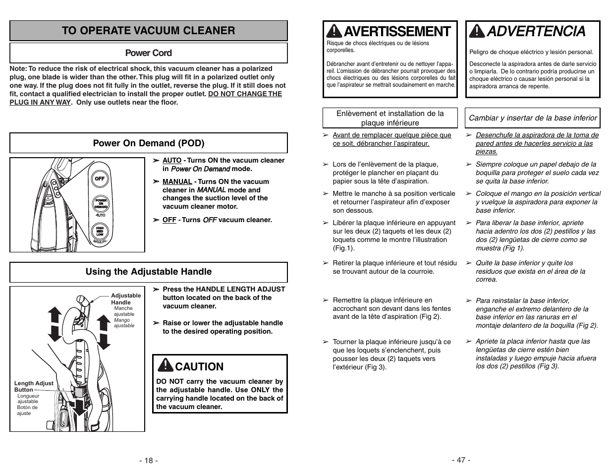 To operate vacuum cleaner, Power cord, Power on demand (pod) | Using adjustable handle, Aad dv ve er rt te en nc ciia a, Avertissement, Caution | Panasonic MC-V7722 User Manual | Page 18 / 64