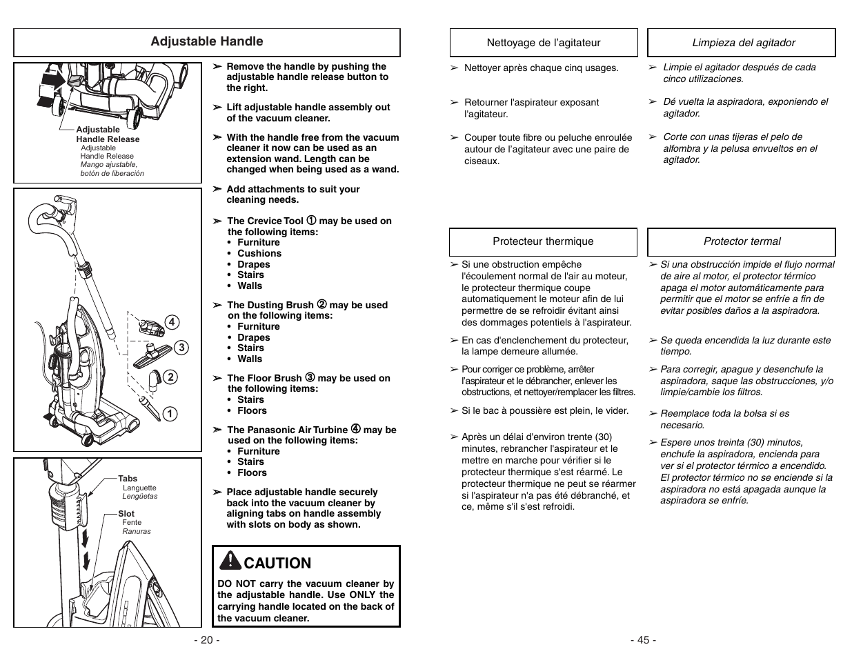 Adjustable handle, Caution | Panasonic MC-V7722 User Manual | Page 20 / 64