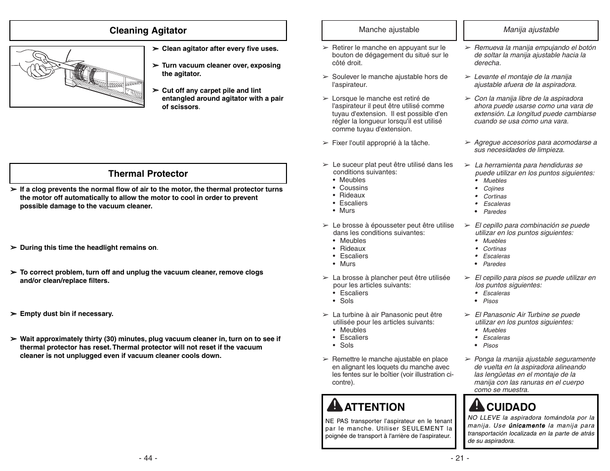 Manche ajustable, Manija ajustable, Attention | Cuidado, Cleaning agitator, Thermal protector | Panasonic MC-V7722 User Manual | Page 21 / 64