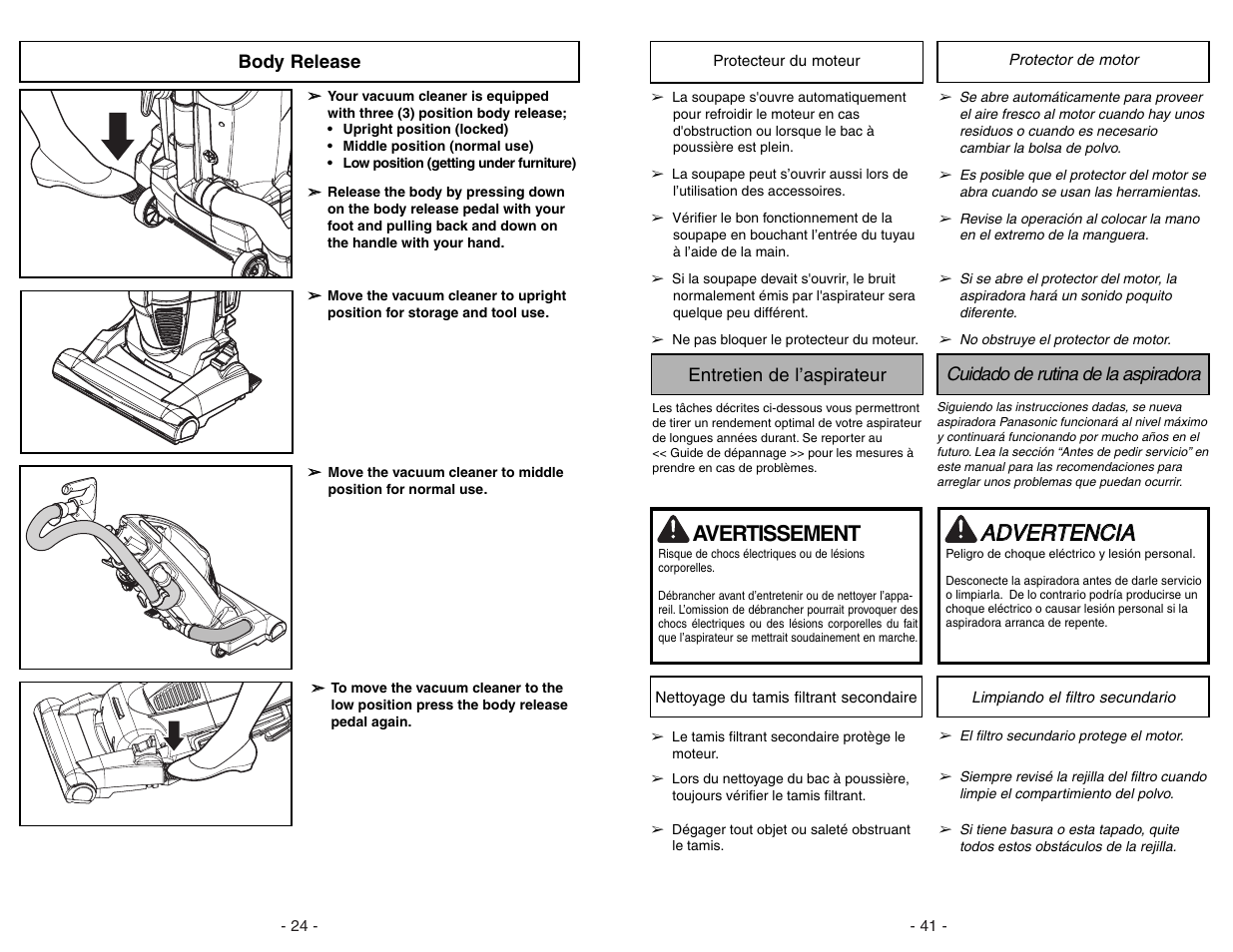 Body release, Aad dv ve er rt te en nc ciia a, Avertissement | Panasonic MC-V7722 User Manual | Page 24 / 64