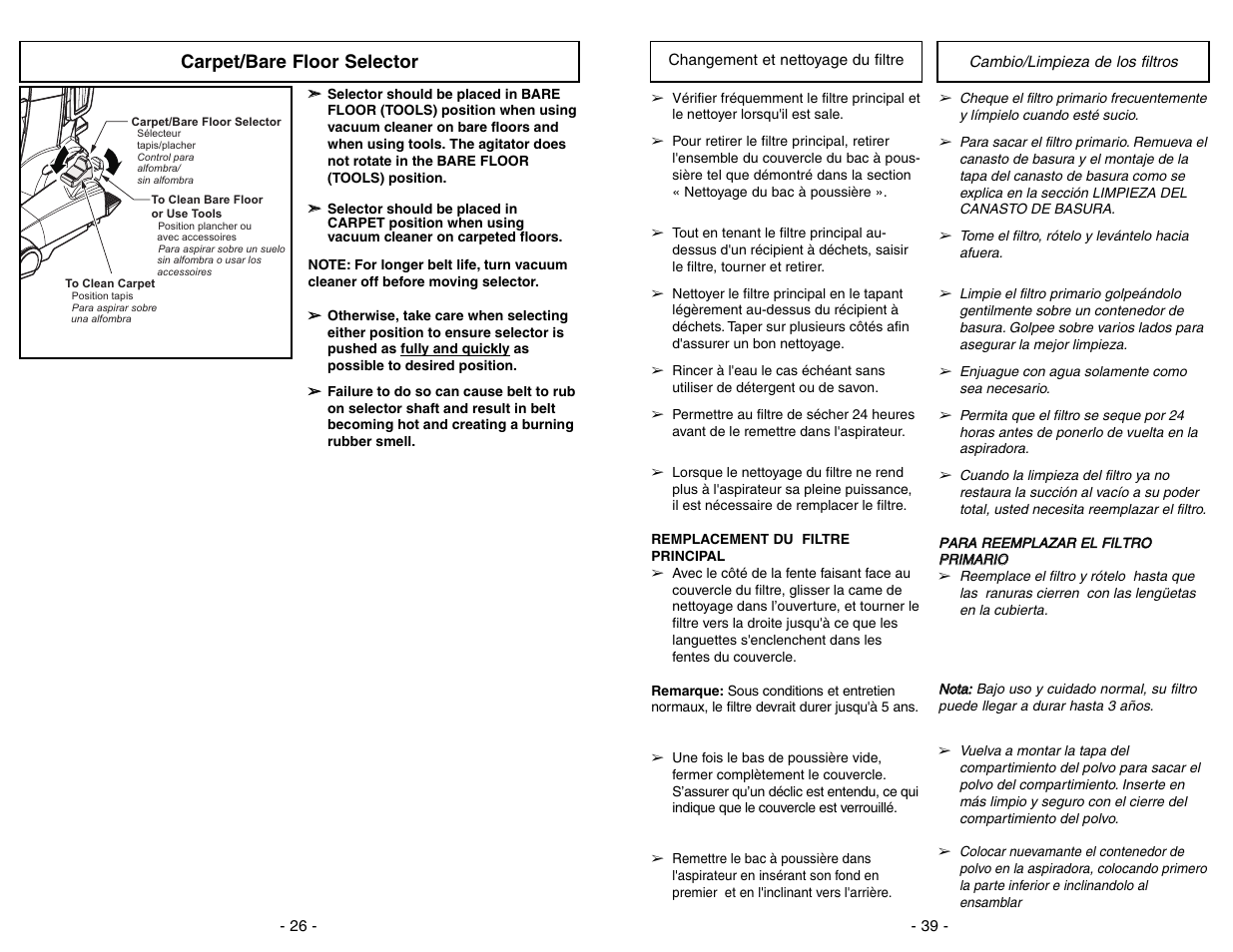 Carpet-bare floor selector, Carpet/bare floor selector | Panasonic MC-V7722 User Manual | Page 26 / 64