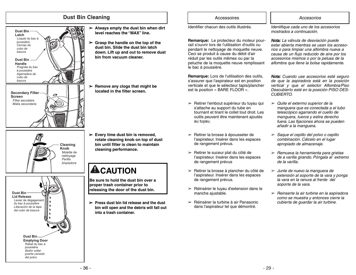 Accessoires, Accesorios, Caution | Dust bin cleaning | Panasonic MC-V7722 User Manual | Page 29 / 64