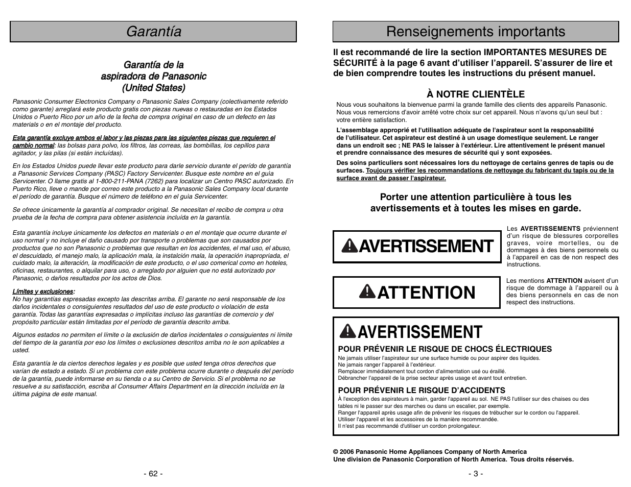 Renseignements importants, Avertissement, Attention | Garantía | Panasonic MC-V7722 User Manual | Page 3 / 64
