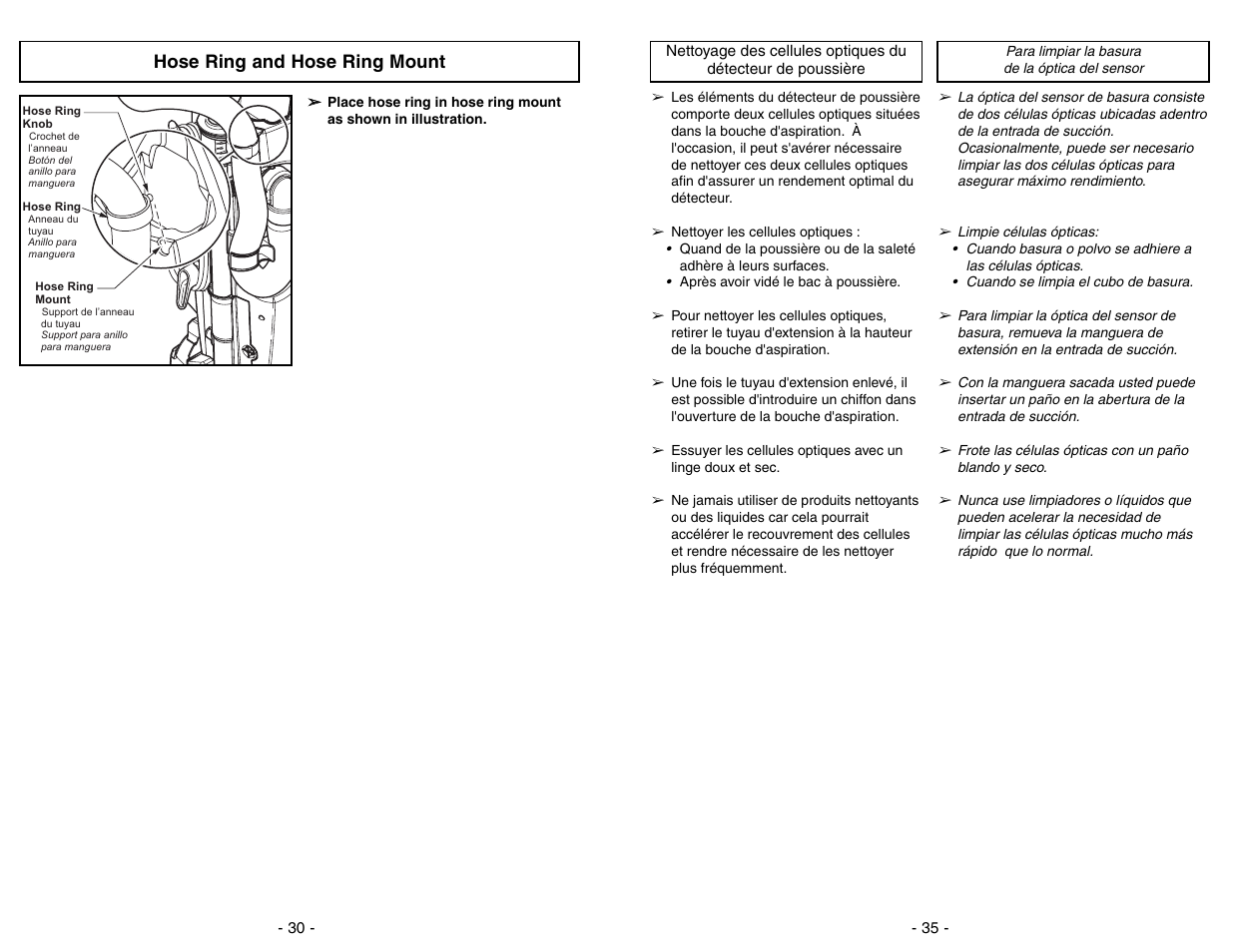 Para limpiar la basura de la optica del sensor, Hose ring and hose ring mount | Panasonic MC-V7722 User Manual | Page 35 / 64
