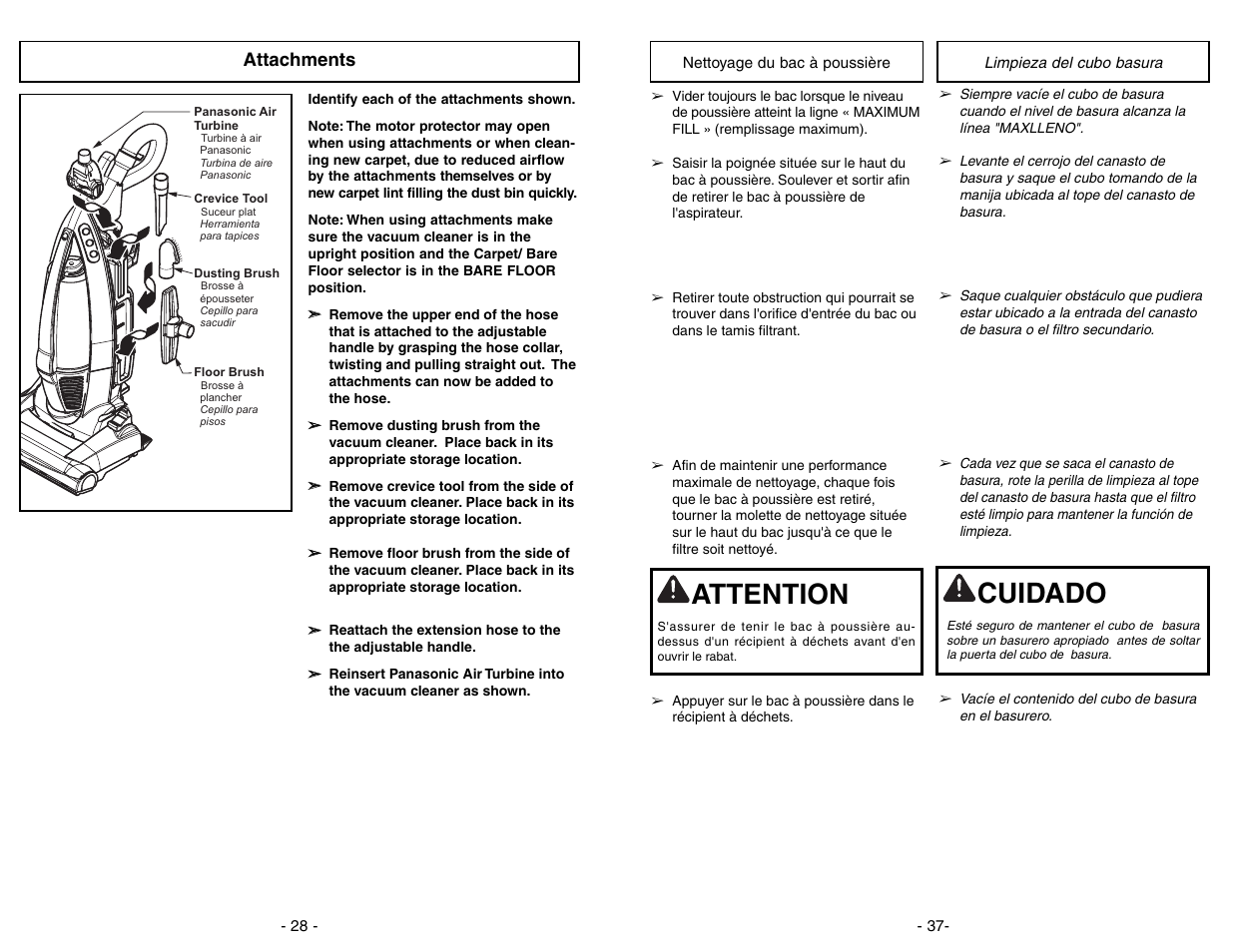 Limpieza del cubo basura, Attention, Cuidado | Attachments | Panasonic MC-V7722 User Manual | Page 37 / 64