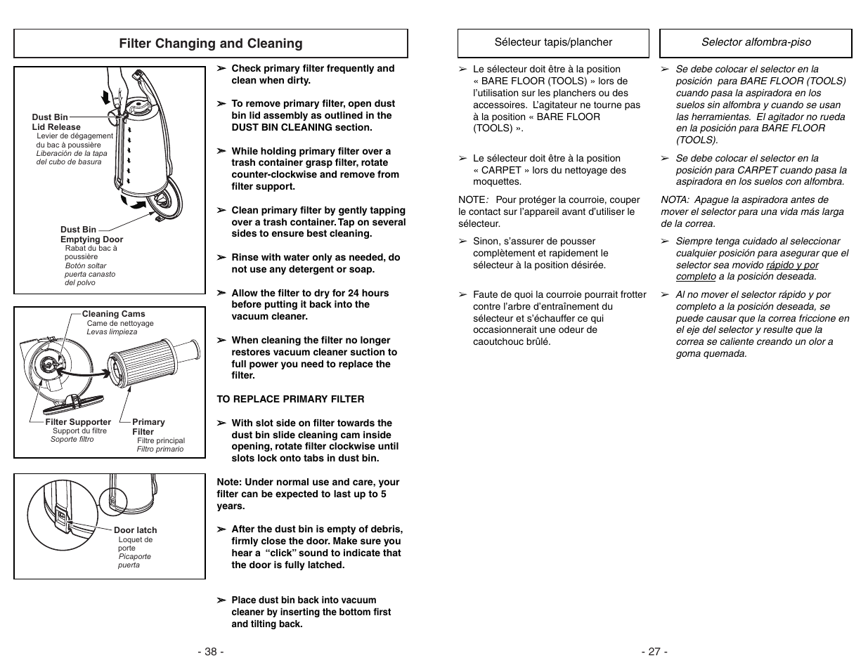 Filter changing and cleaning | Panasonic MC-V7722 User Manual | Page 38 / 64