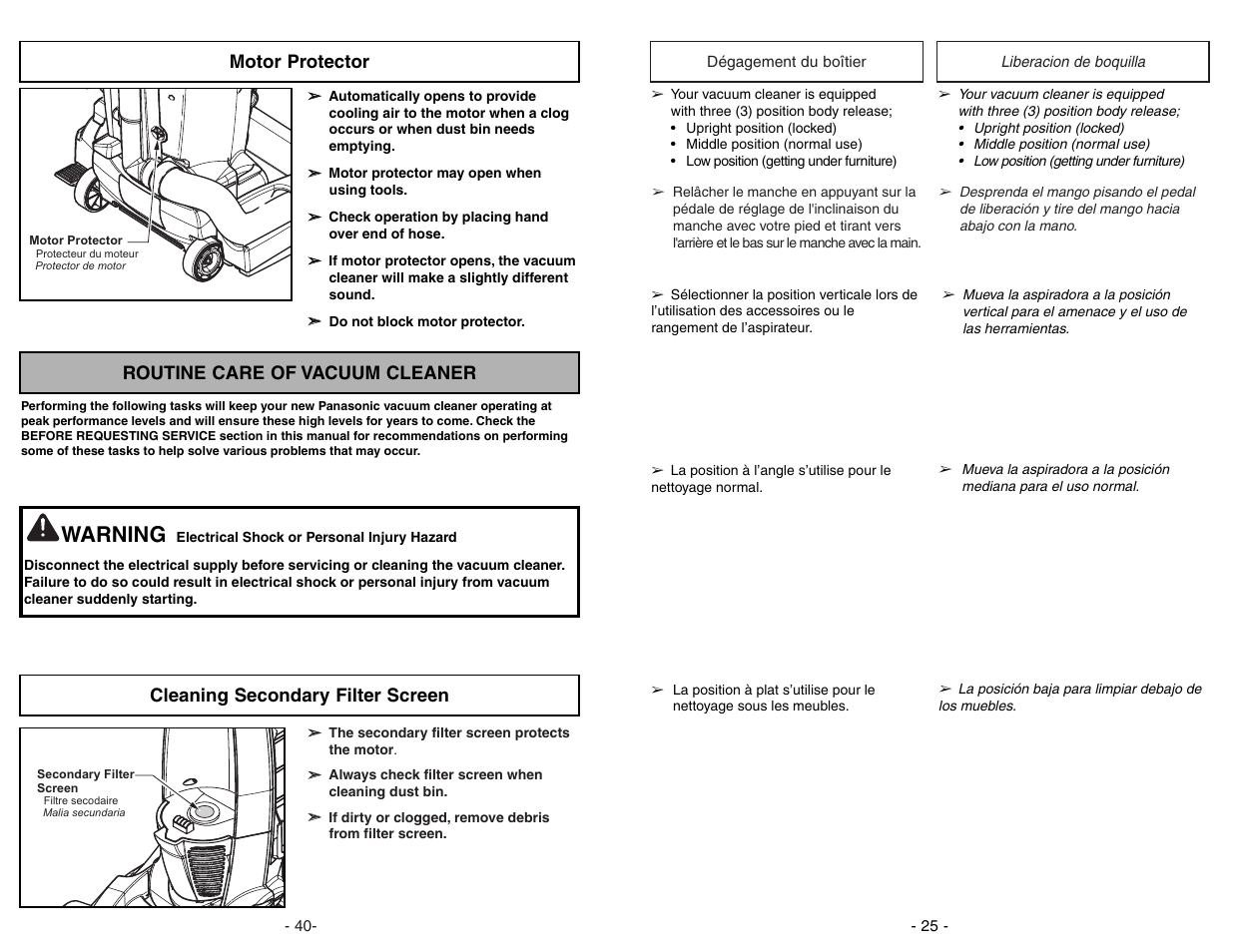 Motor protector, Routine care of vacuum cleaner, Cleaning secondary filter screen | Warning | Panasonic MC-V7722 User Manual | Page 40 / 64