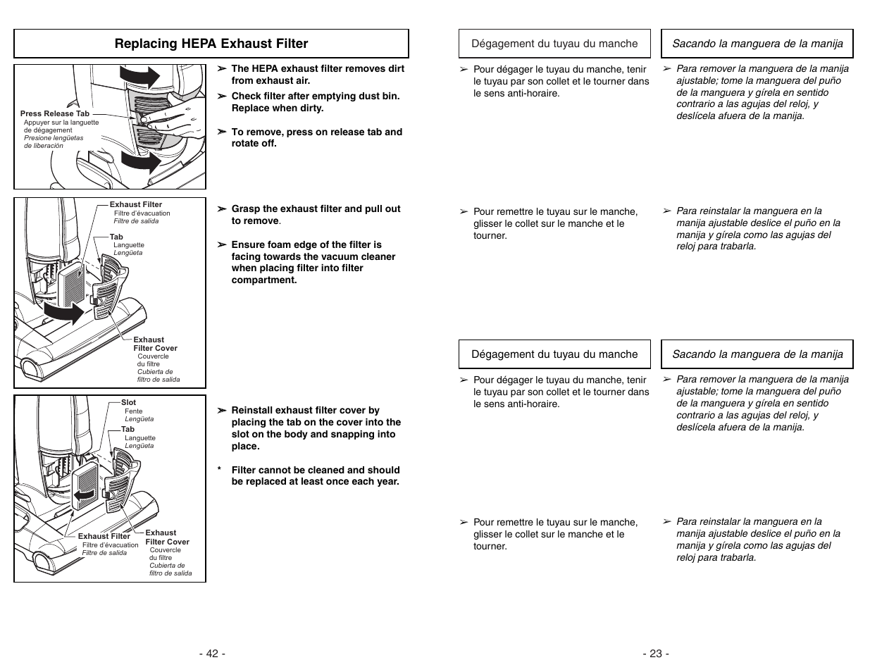 Replacing hepa exhaust filter | Panasonic MC-V7722 User Manual | Page 42 / 64
