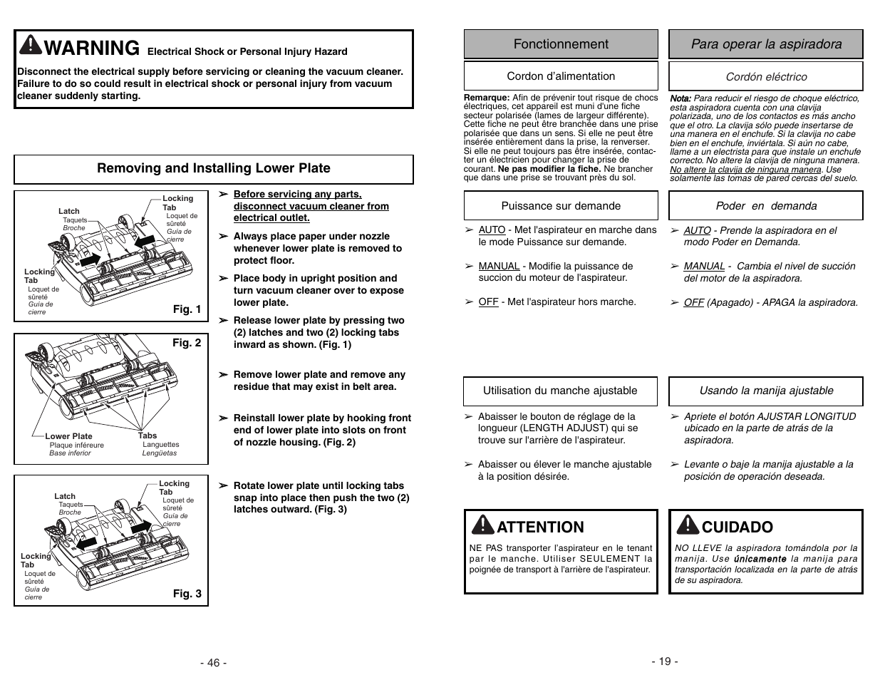 Removing and installing lower plate, Warning, Attention | Cuidado, Para operar la aspiradora fonctionnement | Panasonic MC-V7722 User Manual | Page 46 / 64