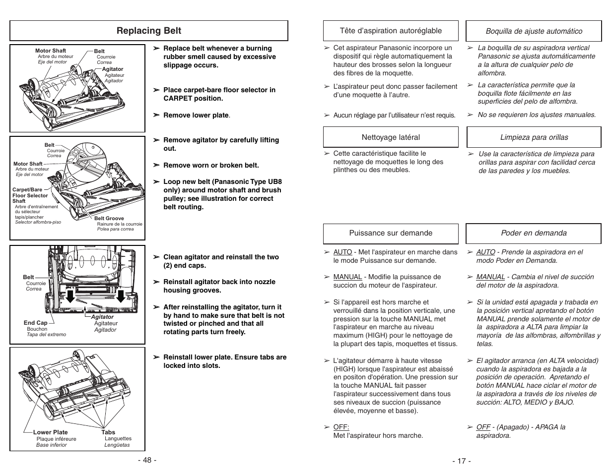 Replacing belt | Panasonic MC-V7722 User Manual | Page 48 / 64