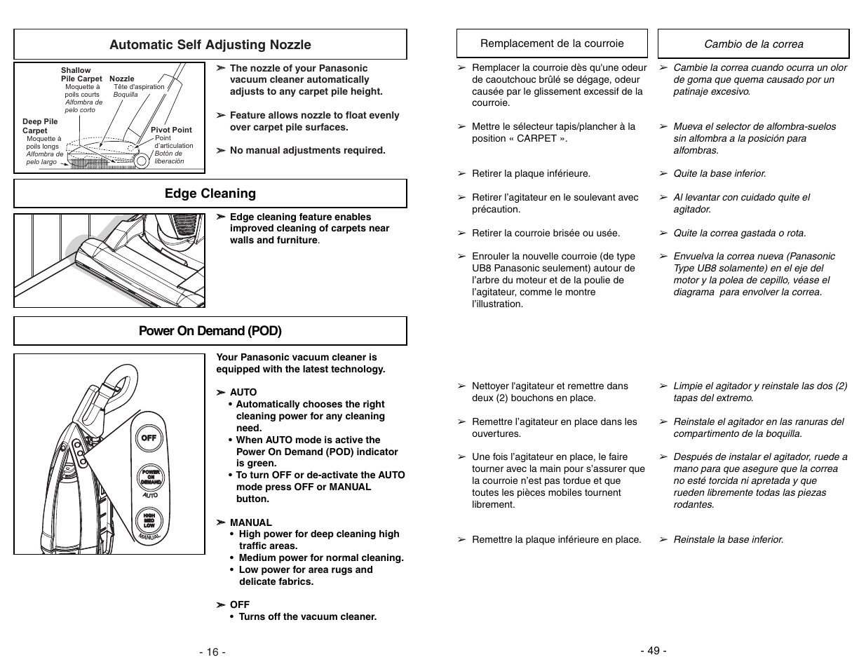 Remplacement de la courroie, Cambio de la correa, Automatic self adjusting nozzle | Edge cleaning, Power on demand (pod) | Panasonic MC-V7722 User Manual | Page 49 / 64